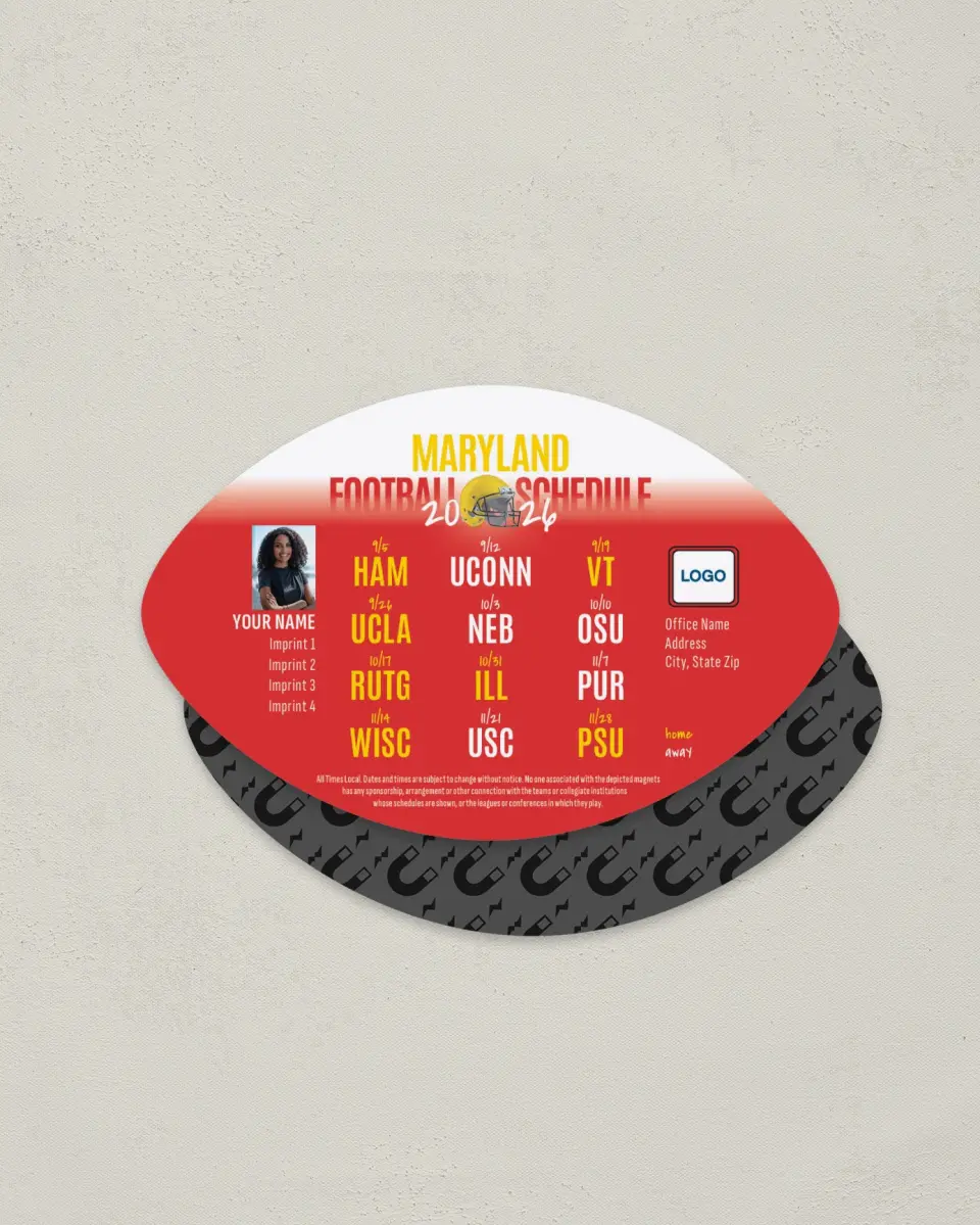 This is a 3.7" x 5.7" Football-Shaped Football Schedule Magnet called Maryland Terrapins printed in full color