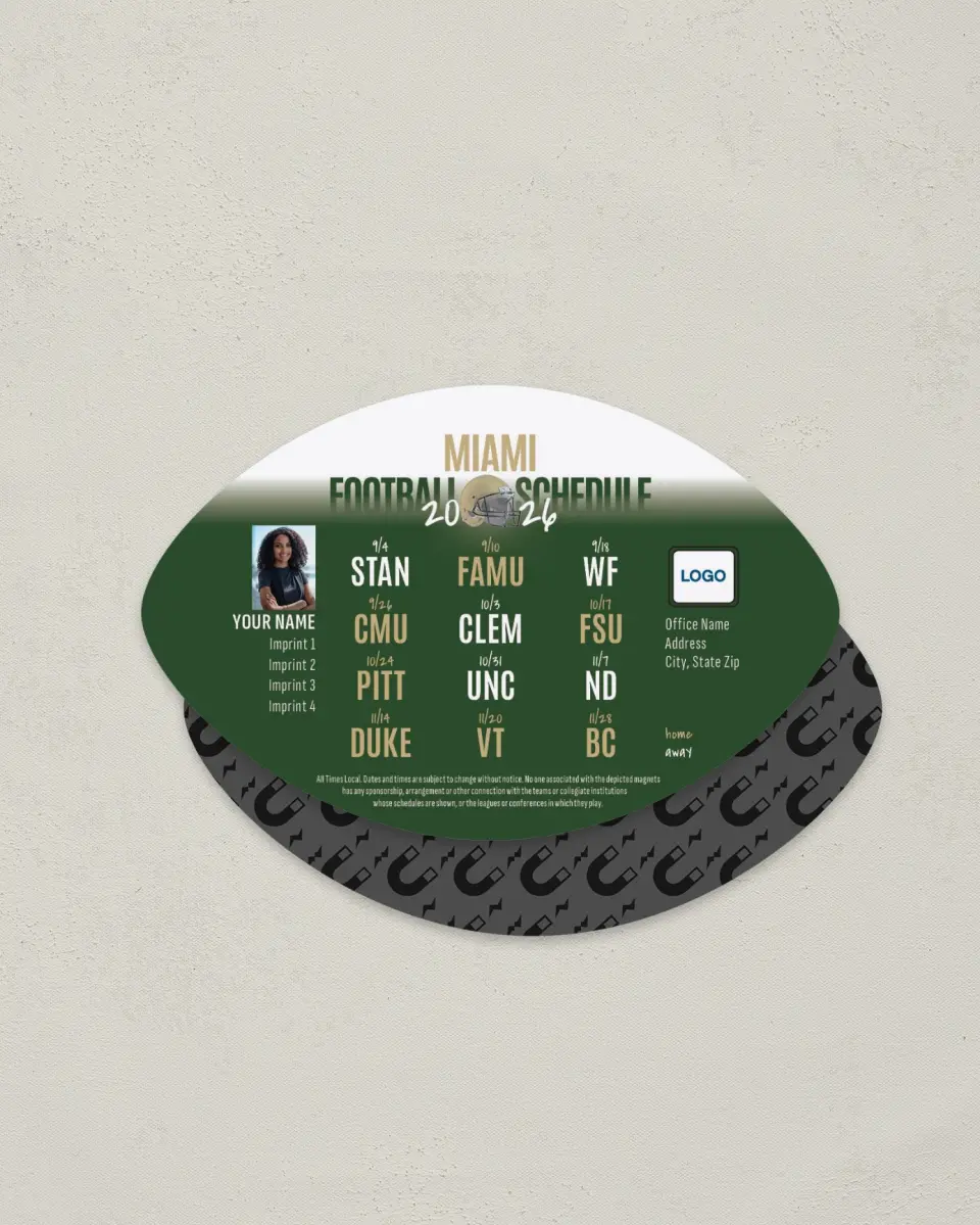 This is a 3.7" x 5.7" Football-Shaped Football Schedule Magnet called Miami Hurricanes printed in full color