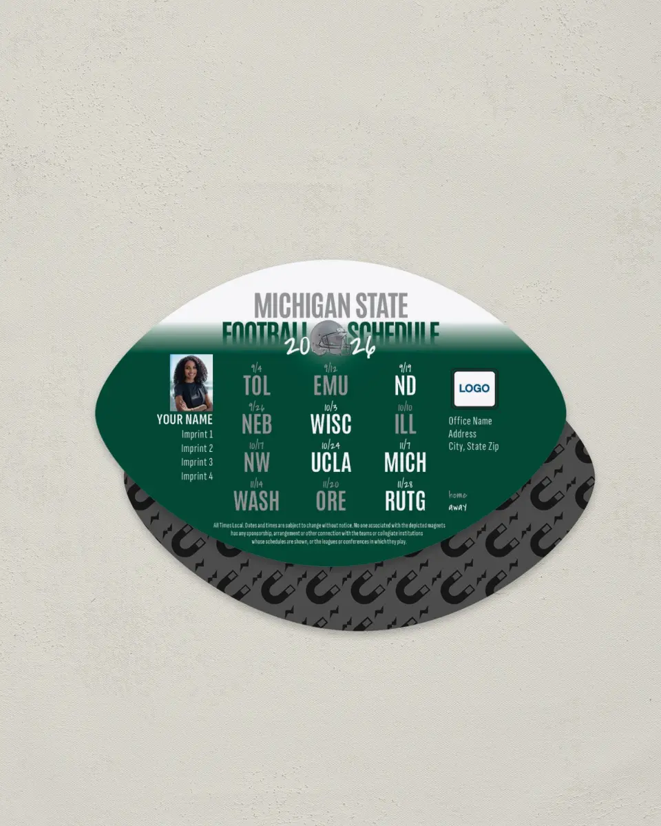This is a 3.7" x 5.7" Football-Shaped Football Schedule Magnet called Michigan State Spartans printed in full color