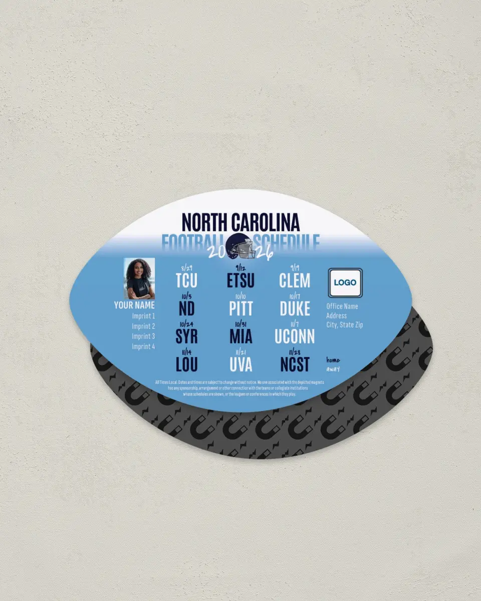 This is a 3.7" x 5.7" Football-Shaped Football Schedule Magnet called North Carolina TarHeels printed in full color