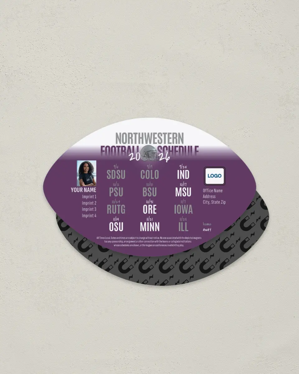 This is a 3.7" x 5.7" Football-Shaped Football Schedule Magnet called Northwestern Wildcats printed in full color