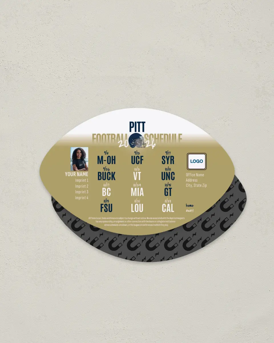 This is a 3.7" x 5.7" Football-Shaped Football Schedule Magnet called Pittsburgh Panthers printed in full color
