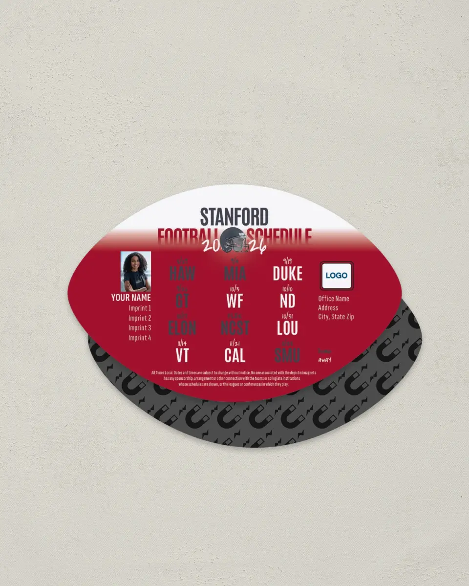 This is a 3.7" x 5.7" Football-Shaped Football Schedule Magnet called Stanford Cardinal printed in full color