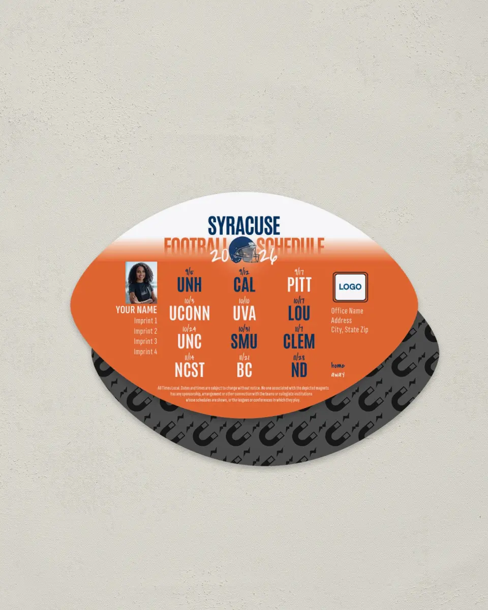 This is a 3.7" x 5.7" Football-Shaped Football Schedule Magnet called Syracuse Orange printed in full color