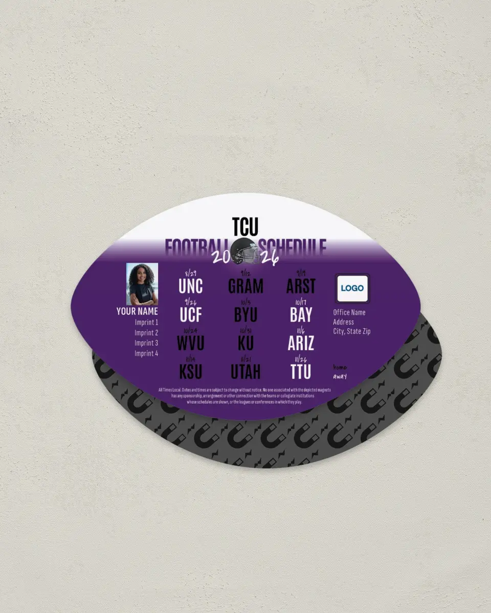 This is a 3.7" x 5.7" Football-Shaped Football Schedule Magnet called TCU Horned Frogs printed in full color