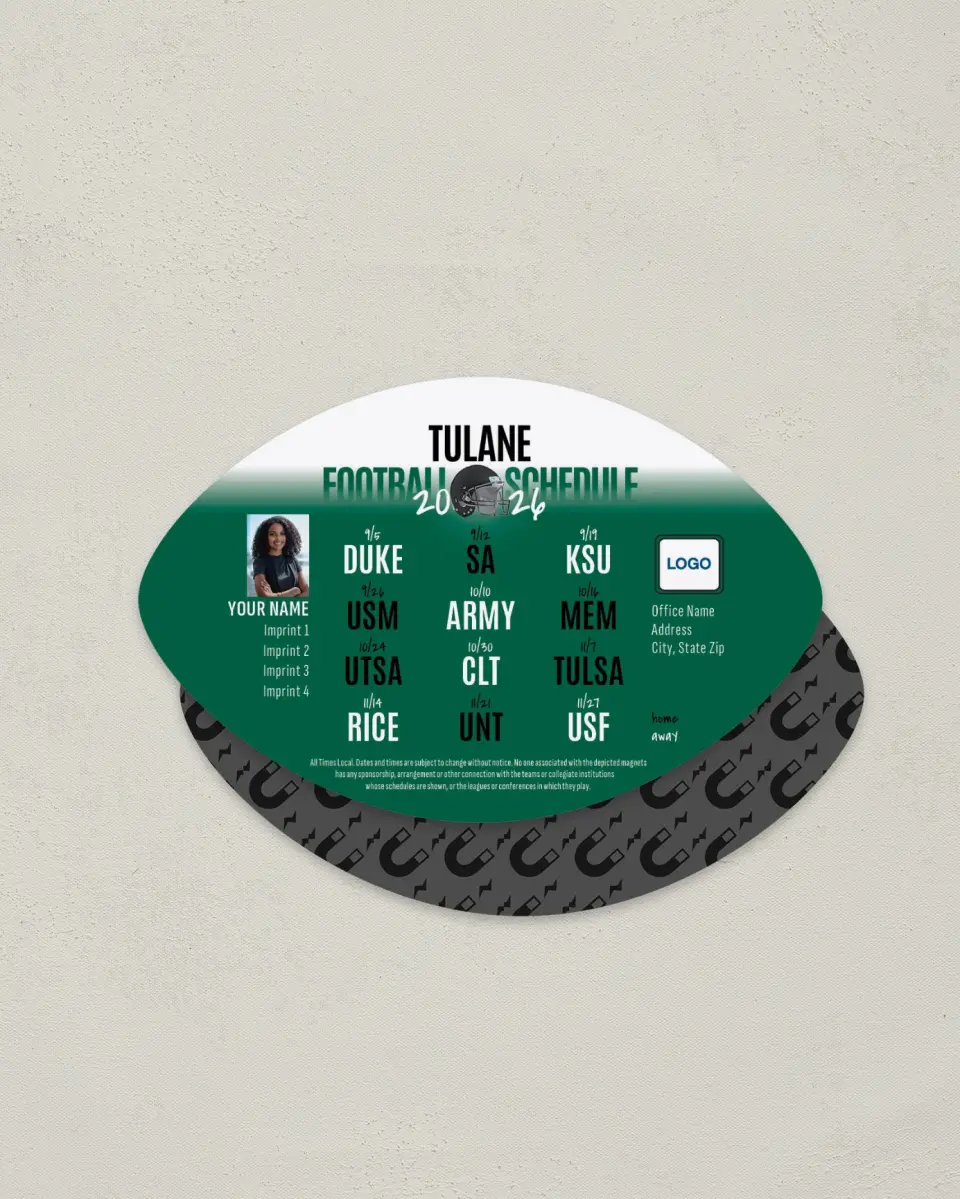 This is a 3.7" x 5.7" Football-Shaped Football Schedule Magnet called Tulane Green Wave printed in full color