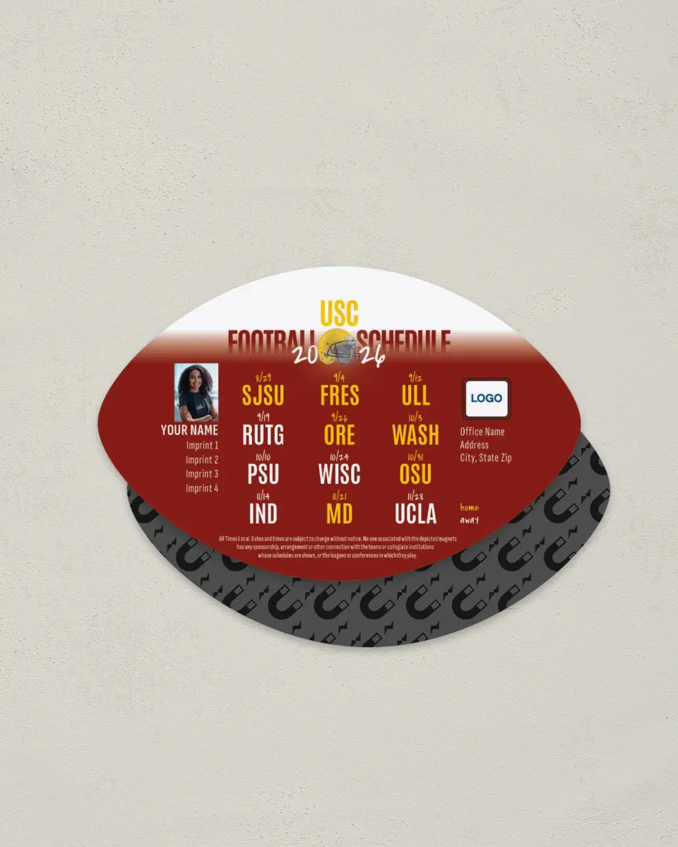 This is a 3.7" x 5.7" Football-Shaped Football Schedule Magnet called USC printed in full color