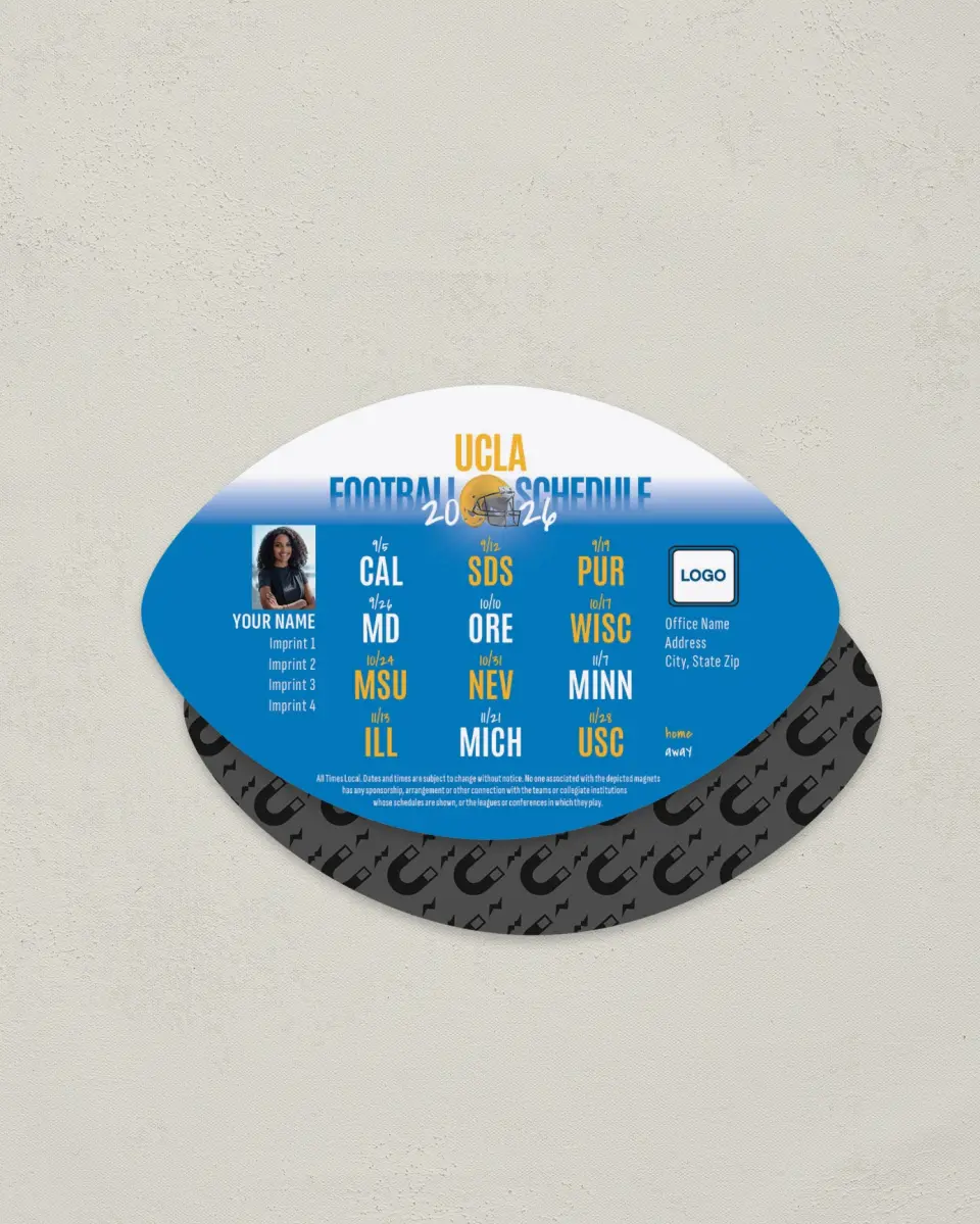 This is a 3.7" x 5.7" Football-Shaped Football Schedule Magnet called UCLA printed in full color