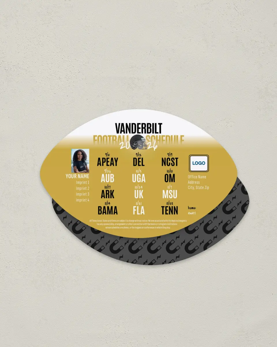 This is a 3.7" x 5.7" Football-Shaped Football Schedule Magnet called Vanderbilt Commodores printed in full color