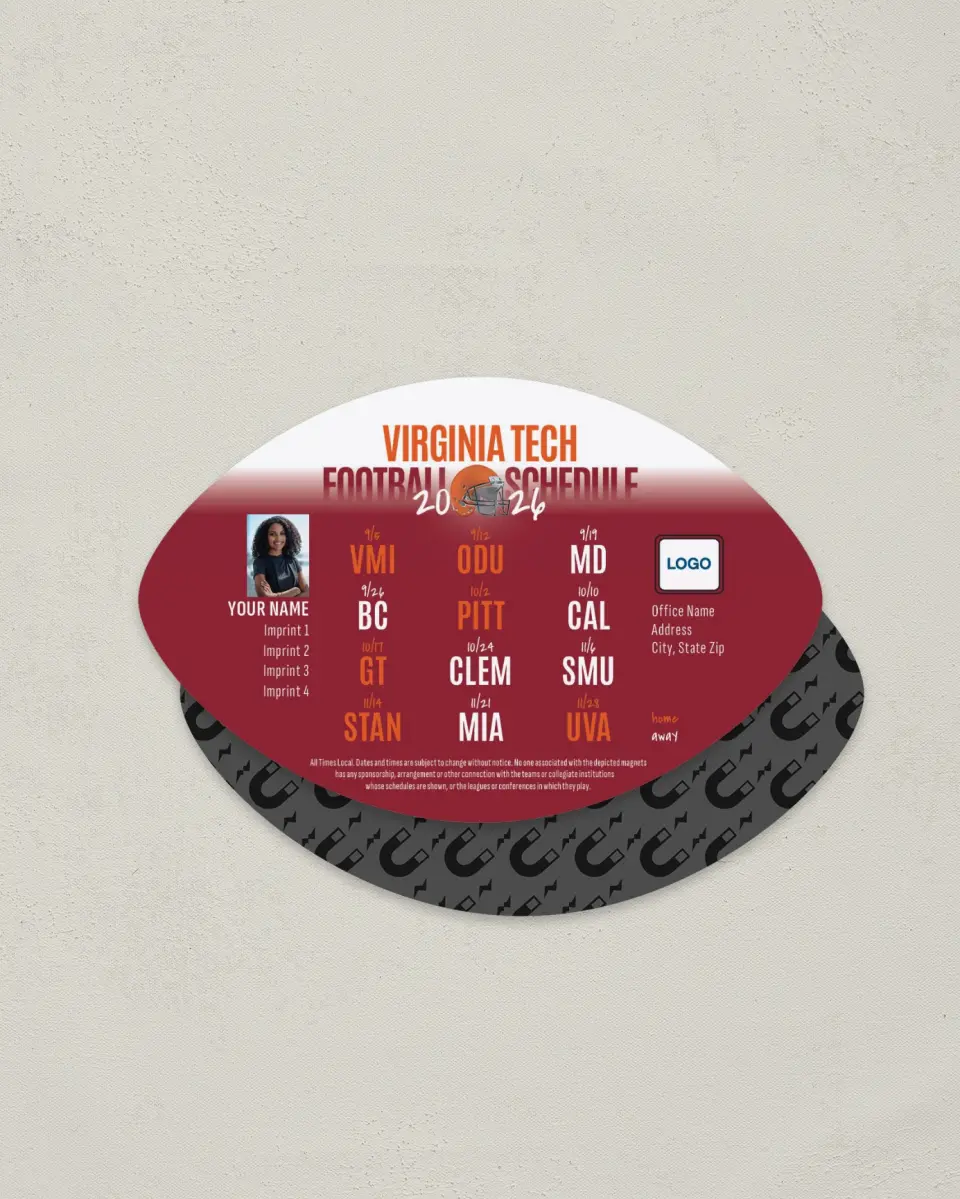 This is a 3.7" x 5.7" Football-Shaped Football Schedule Magnet called Virginia Tech Hokies printed in full color