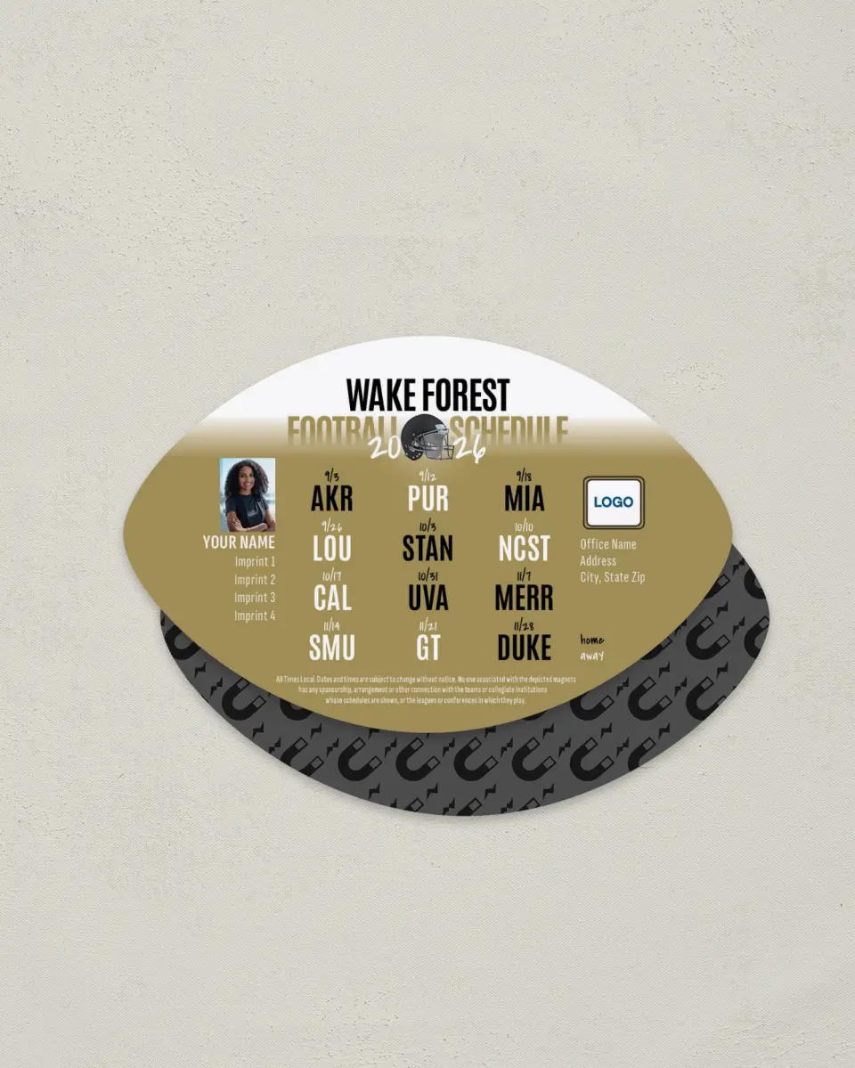 This is a 3.7" x 5.7" Football-Shaped Football Schedule Magnet called Wake Forest Demon Deacons printed in full color