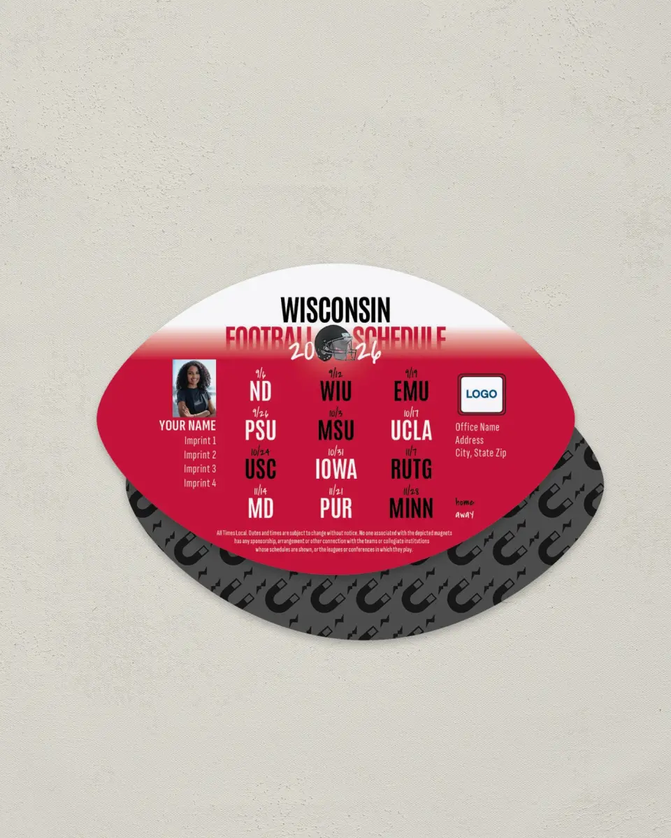 This is a 3.7" x 5.7" Football-Shaped Football Schedule Magnet called Wisconsin Badgers printed in full color