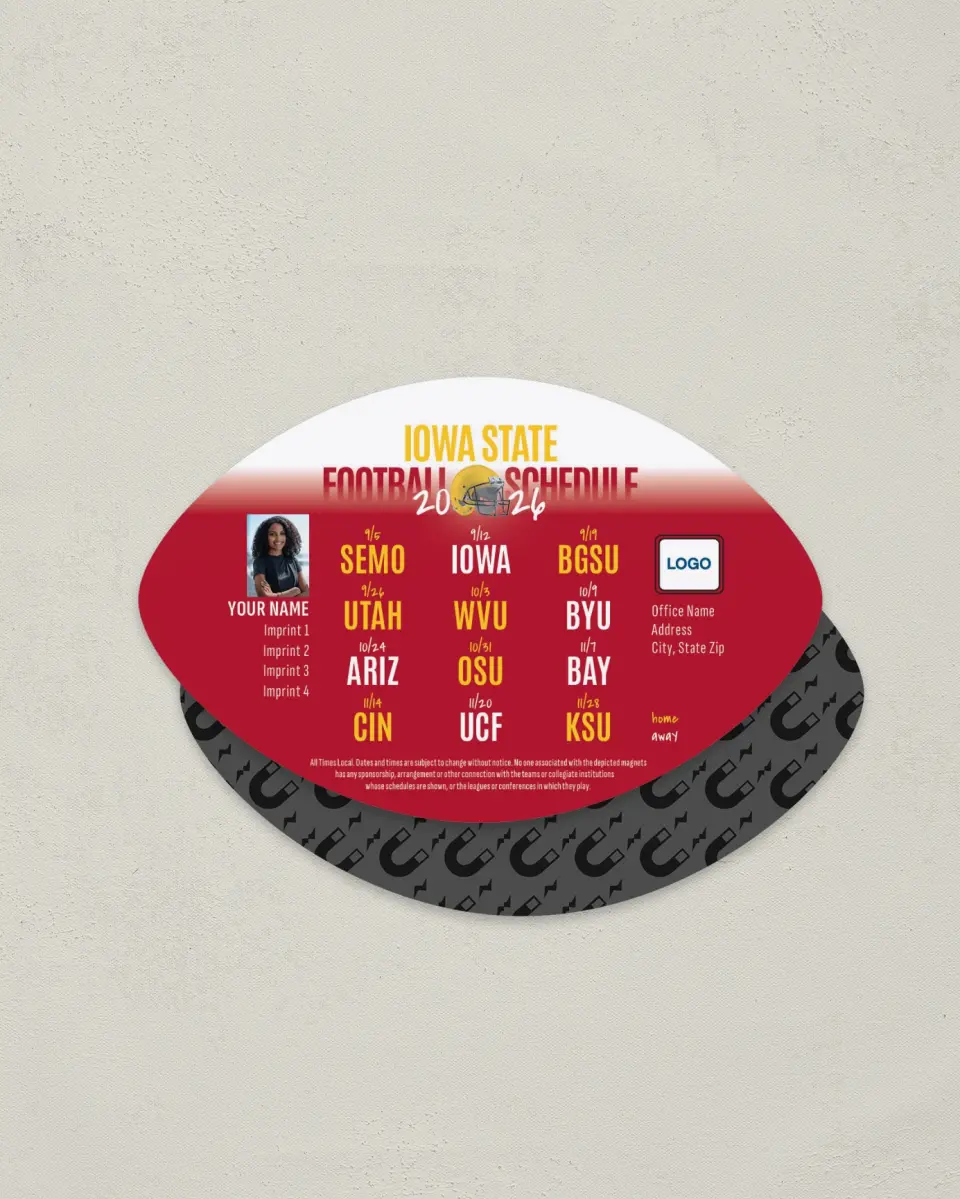 This is a 3.7" x 5.7" Football-Shaped Football Schedule Magnet called Iowa State Cyclones printed in full color
