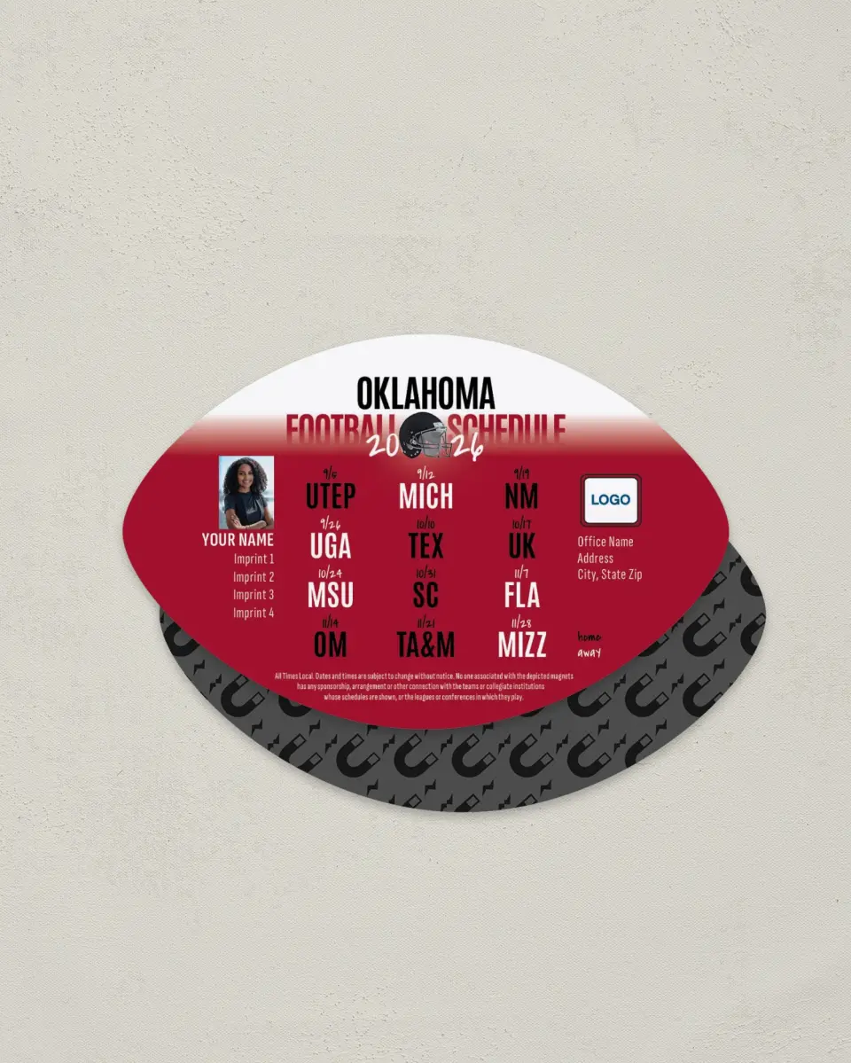 This is a 3.7" x 5.7" Football-Shaped Football Schedule Magnet called Oklahoma Sooners printed in full color