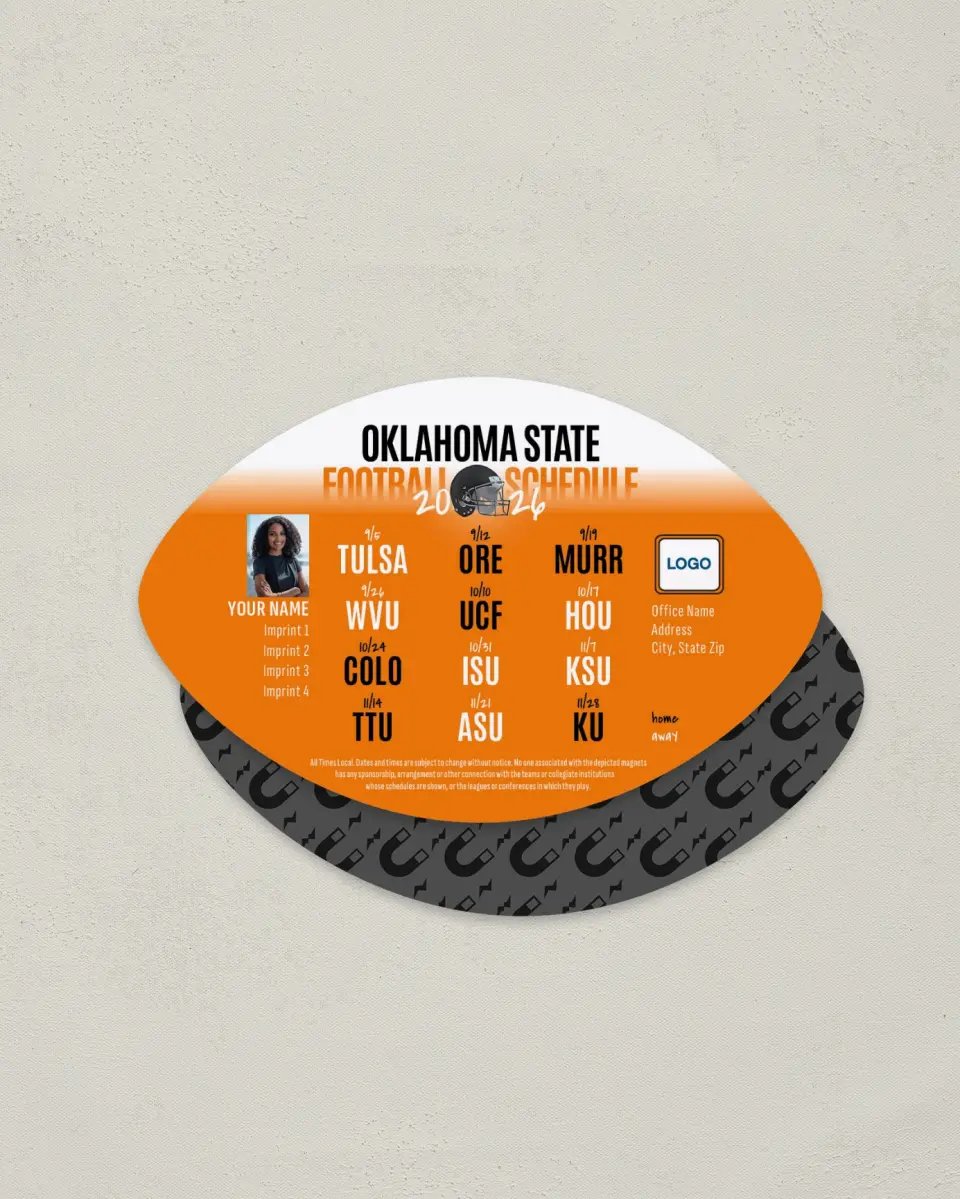 This is a 3.7" x 5.7" Football-Shaped Football Schedule Magnet called Oklahoma State Cowboys printed in full color