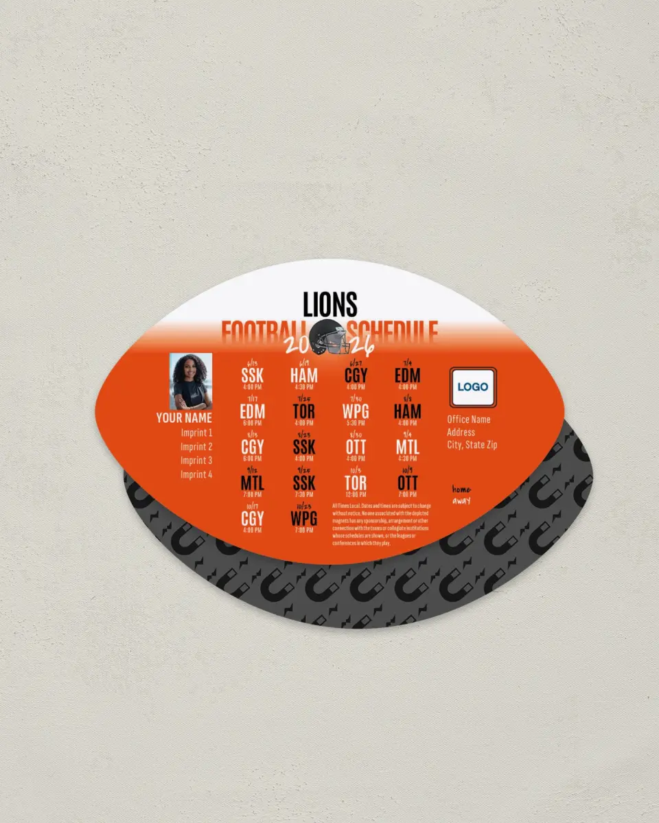 This is a 3.7" x 5.7" Football-Shaped Football Schedule Magnet called BC Lions printed in full color