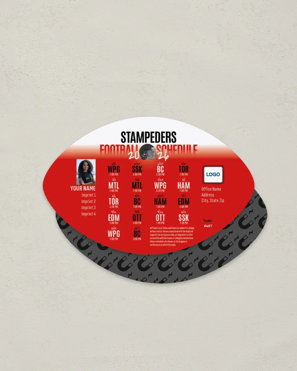 This is a 3.7" x 5.7" Football-Shaped Football Schedule Magnet called Calgary Stampeders printed in full color
