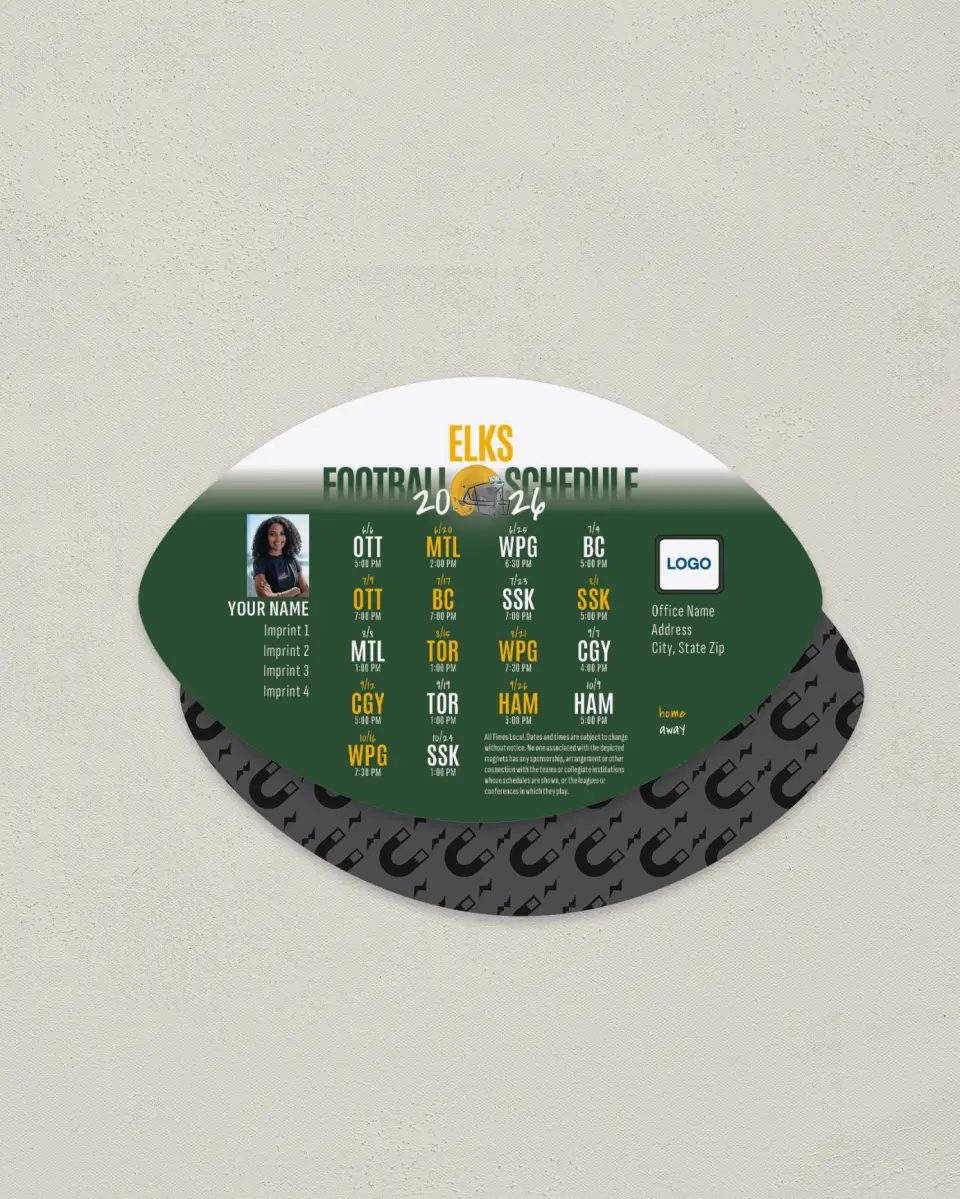 This is a 3.7" x 5.7" Football-Shaped Football Schedule Magnet called Edmonton Elks printed in full color