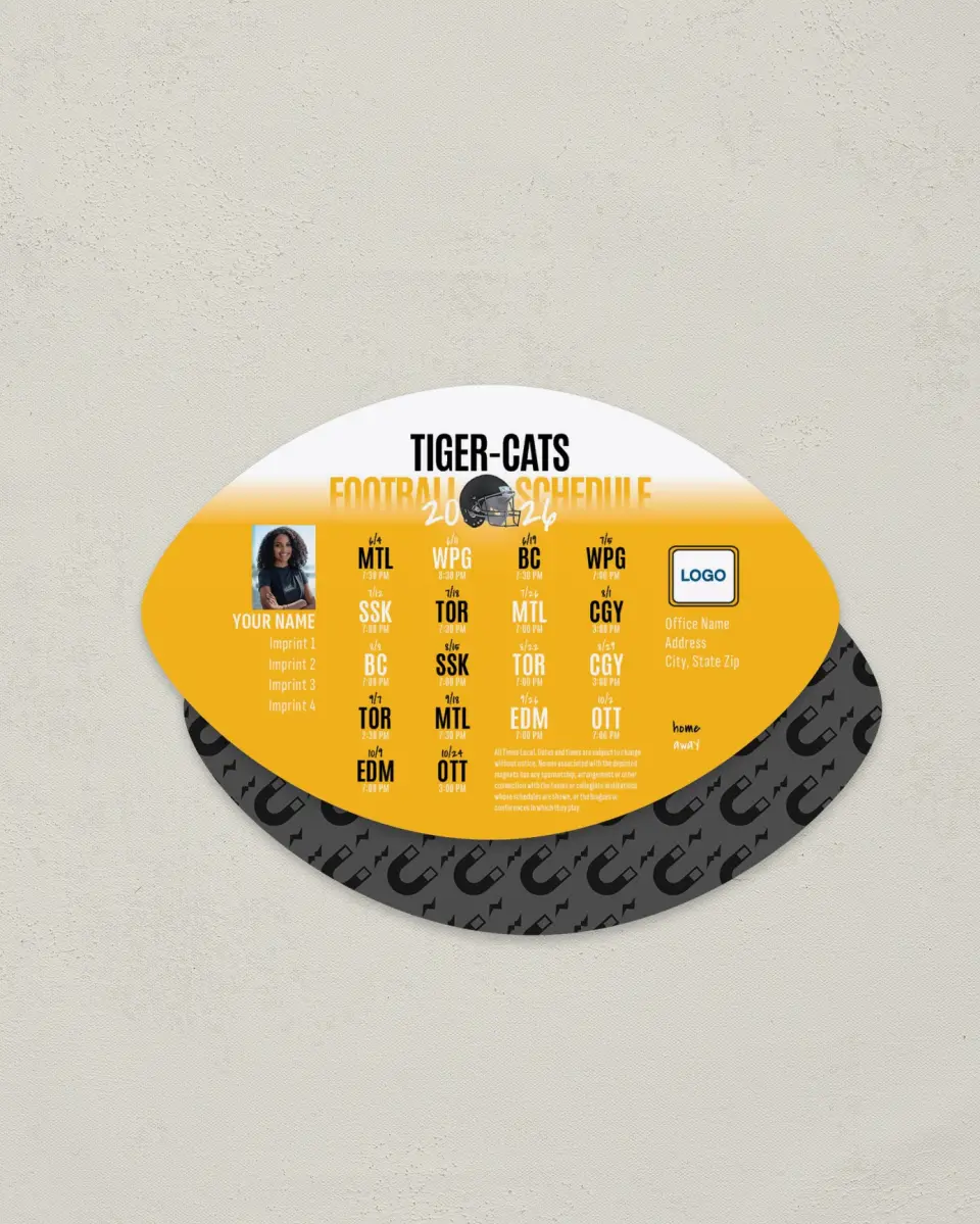This is a 3.7" x 5.7" Football-Shaped Football Schedule Magnet called Hamilton Tiger Cats printed in full color