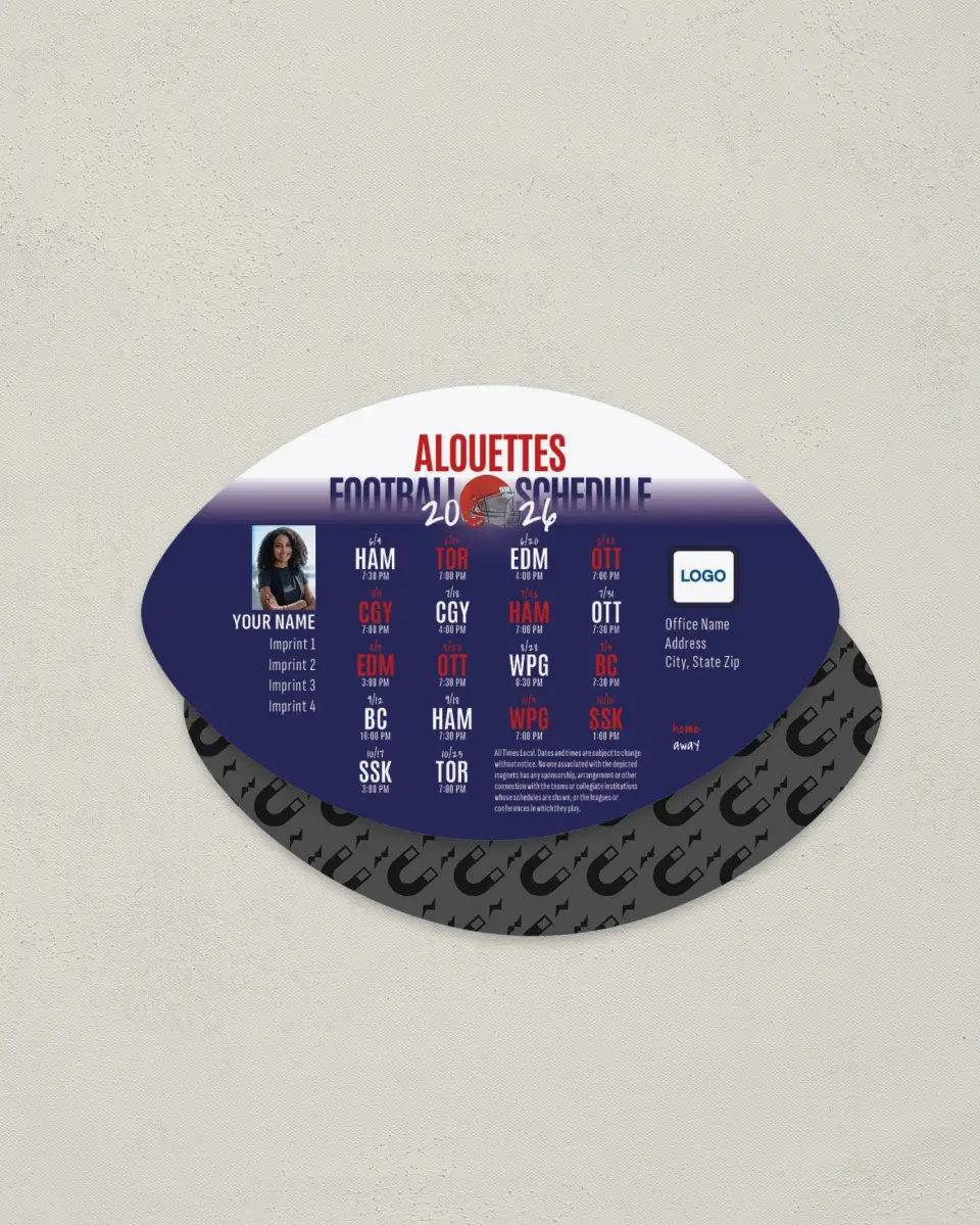 This is a 3.7" x 5.7" Football-Shaped Football Schedule Magnet called Montreal Alouettes printed in full color