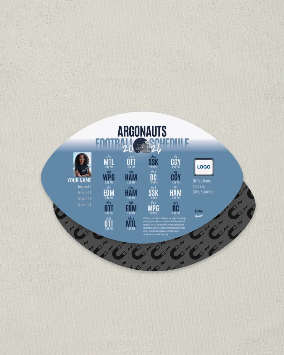 This is a 3.7" x 5.7" Football-Shaped Football Schedule Magnet called Toronto Argonauts printed in full color