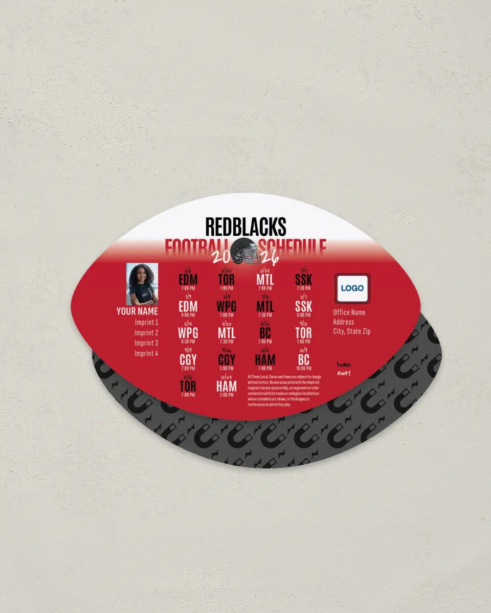 This is a 3.7" x 5.7" Football-Shaped Football Schedule Magnet called Ottawa Redblacks printed in full color