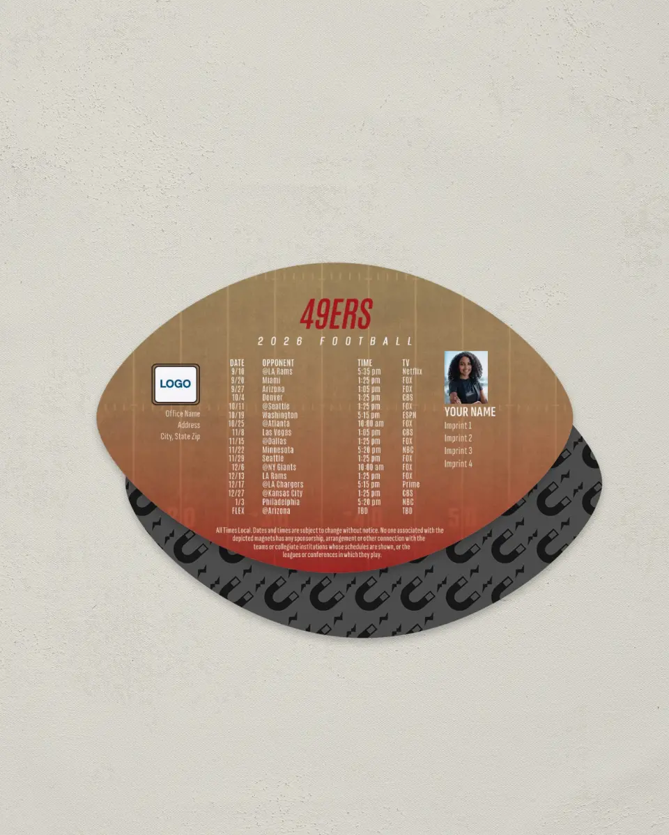 This is a 3.7" x 5.7" Football-Shaped Football Schedule Magnet called 49ers printed in full color
