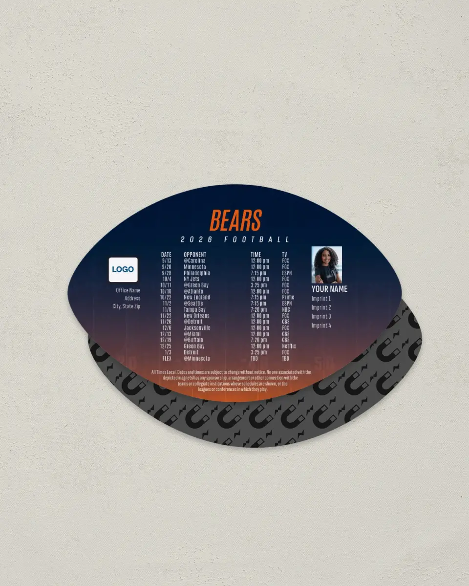 This is a 3.7" x 5.7" Football-Shaped Football Schedule Magnet called Bears printed in full color