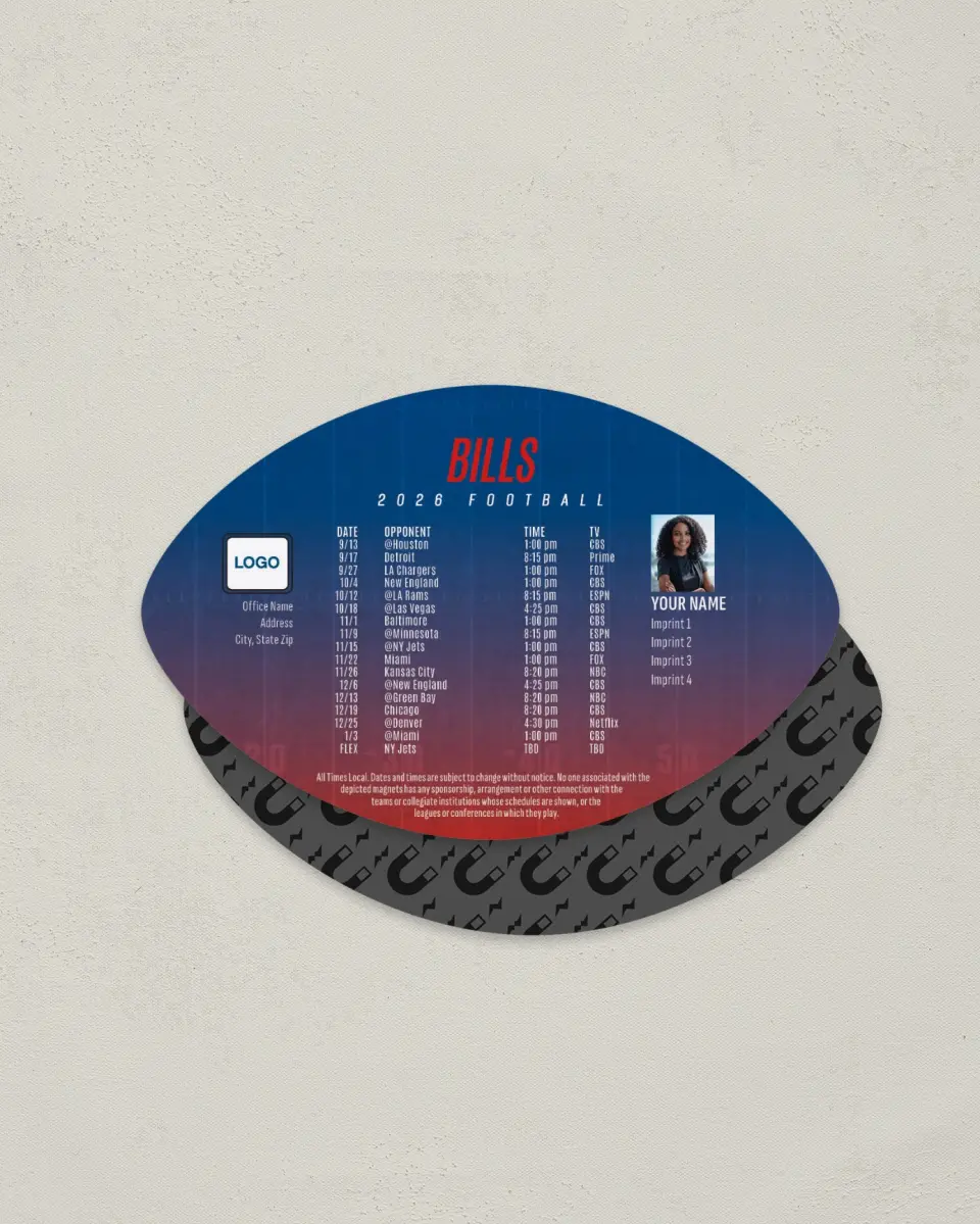 This is a 3.7" x 5.7" Football-Shaped Football Schedule Magnet called Bills printed in full color