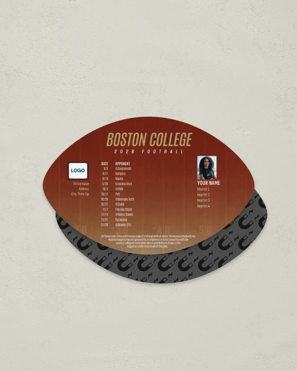 This is a 3.7" x 5.7" Football-Shaped Football Schedule Magnet called Boston College printed in full color