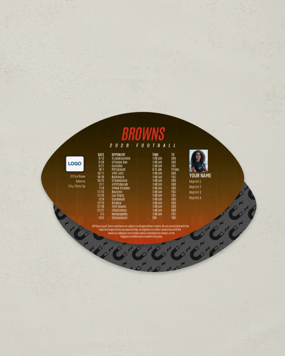 This is a 3.7" x 5.7" Football-Shaped Football Schedule Magnet called Browns printed in full color