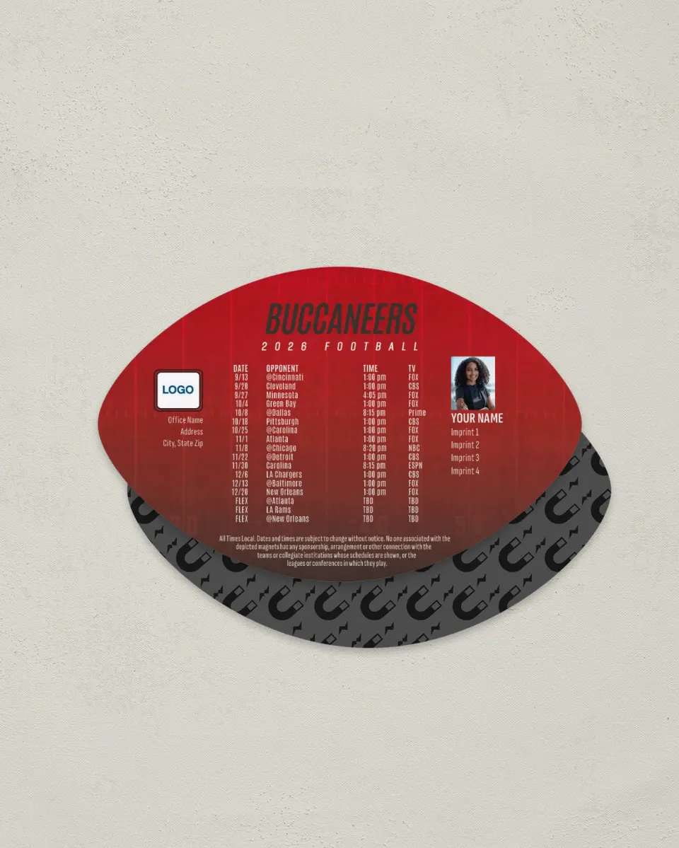This is a 3.7" x 5.7" Football-Shaped Football Schedule Magnet called Buccaneers printed in full color