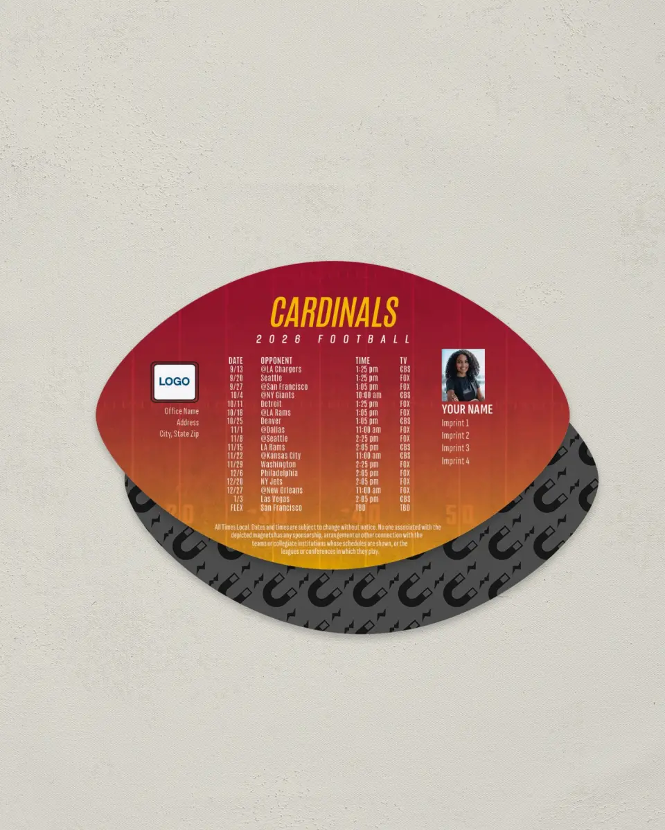 This is a 3.7" x 5.7" Football-Shaped Football Schedule Magnet called Cardinals printed in full color