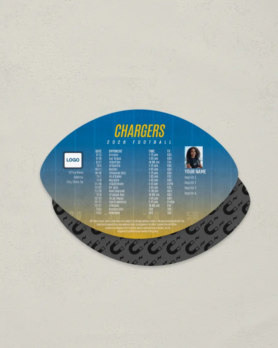This is a 3.7" x 5.7" Football-Shaped Football Schedule Magnet called Chargers printed in full color