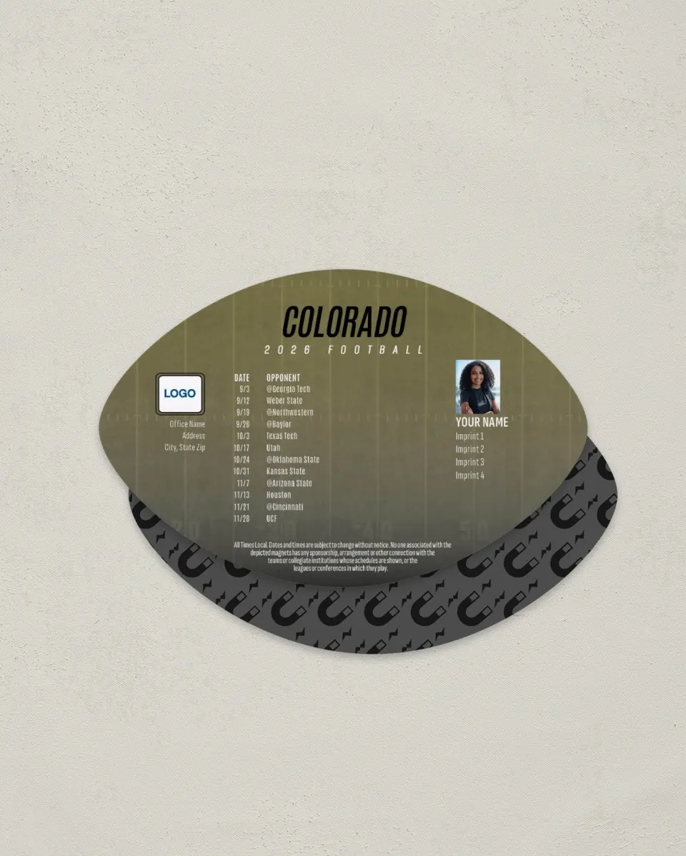 This is a 3.7" x 5.7" Football-Shaped Football Schedule Magnet called Colorado printed in full color