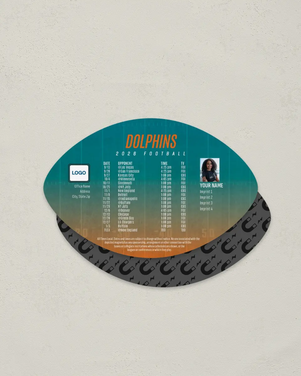 This is a 3.7" x 5.7" Football-Shaped Football Schedule Magnet called Dolphins printed in full color