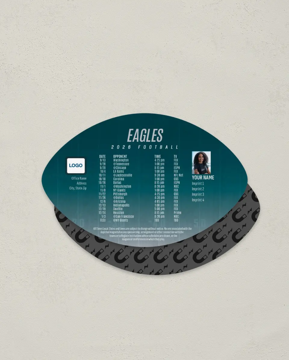 This is a 3.7" x 5.7" Football-Shaped Football Schedule Magnet called Eagles printed in full color