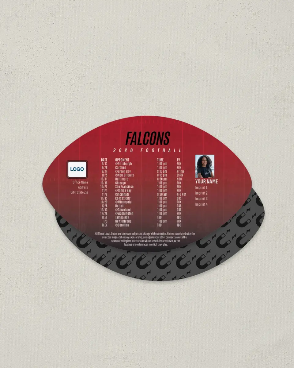 This is a 3.7" x 5.7" Football-Shaped Football Schedule Magnet called Falcons printed in full color