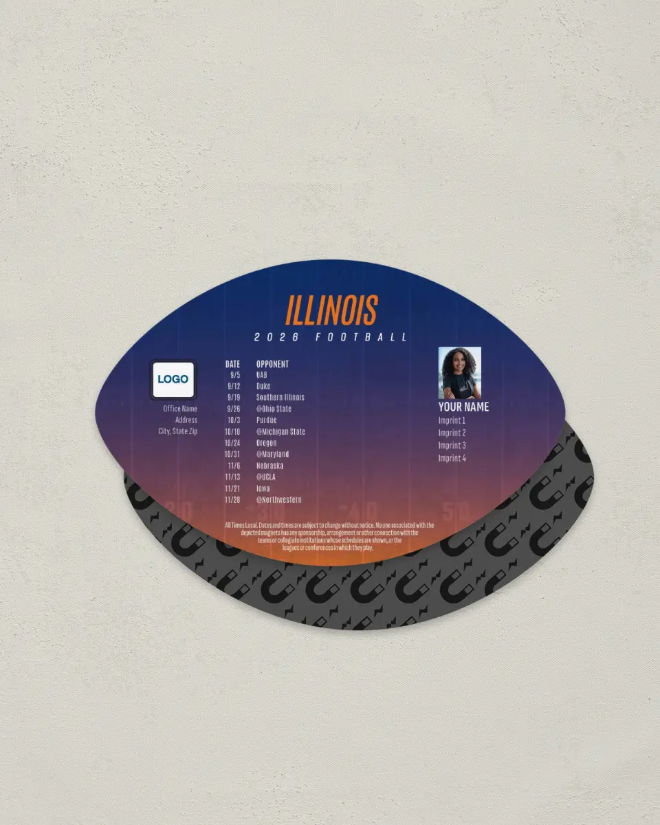 This is a 3.7" x 5.7" Football-Shaped Football Schedule Magnet called Illinois printed in full color