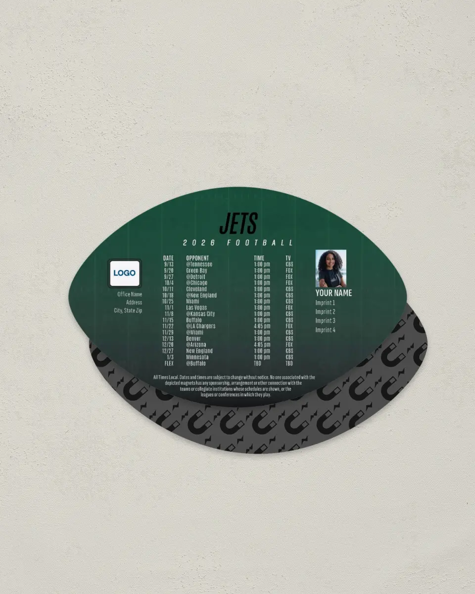 This is a 3.7" x 5.7" Football-Shaped Football Schedule Magnet called Jets printed in full color