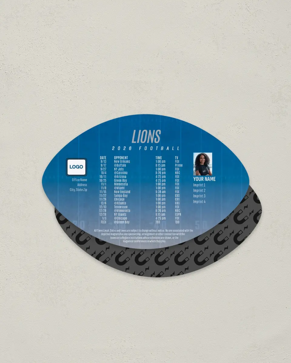 This is a 3.7" x 5.7" Football-Shaped Football Schedule Magnet called Lions printed in full color