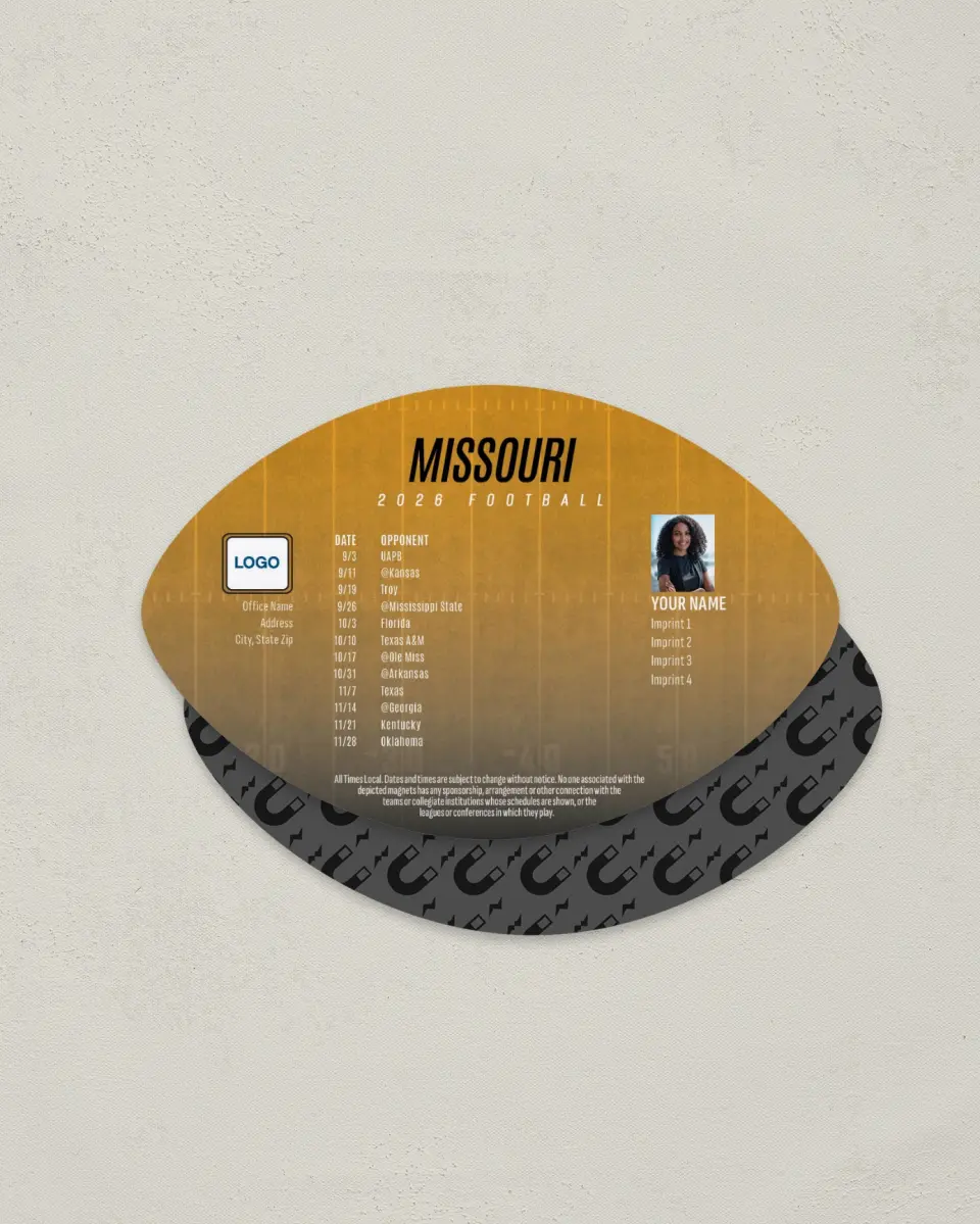 This is a 3.7" x 5.7" Football-Shaped Football Schedule Magnet called Missouri printed in full color