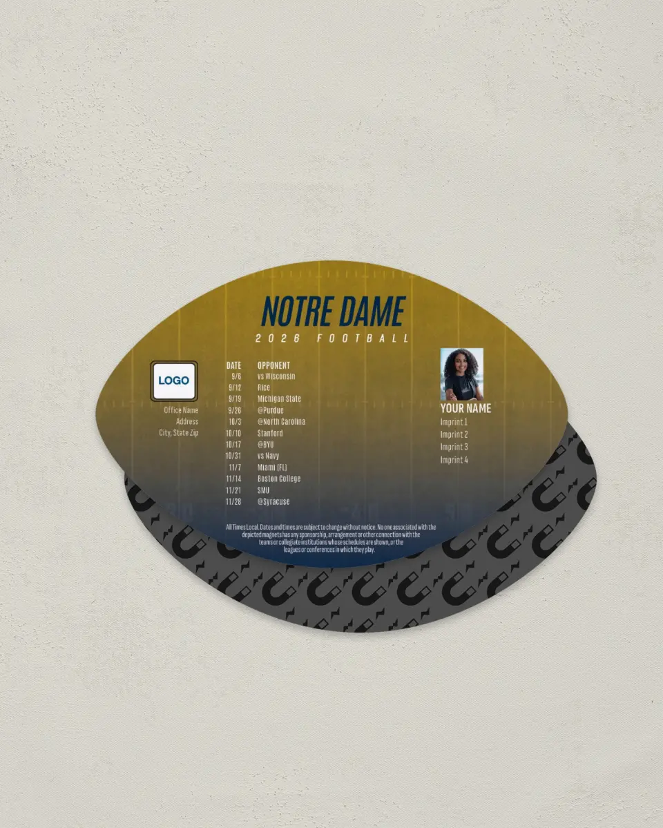 This is a 3.7" x 5.7" Football-Shaped Football Schedule Magnet called Notre Dame printed in full color