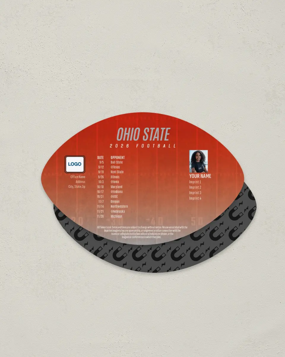 This is a 3.7" x 5.7" Football-Shaped Football Schedule Magnet called Ohio State printed in full color