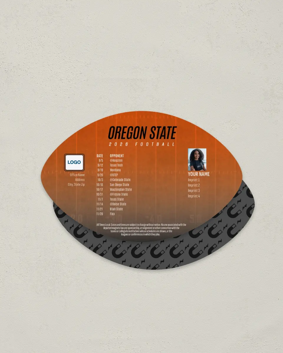 This is a 3.7" x 5.7" Football-Shaped Football Schedule Magnet called Oregon State printed in full color