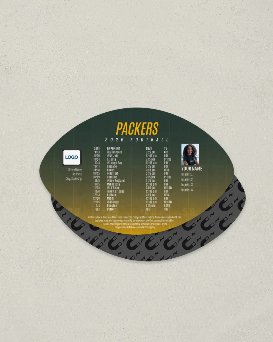 This is a 3.7" x 5.7" Football-Shaped Football Schedule Magnet called Packers printed in full color