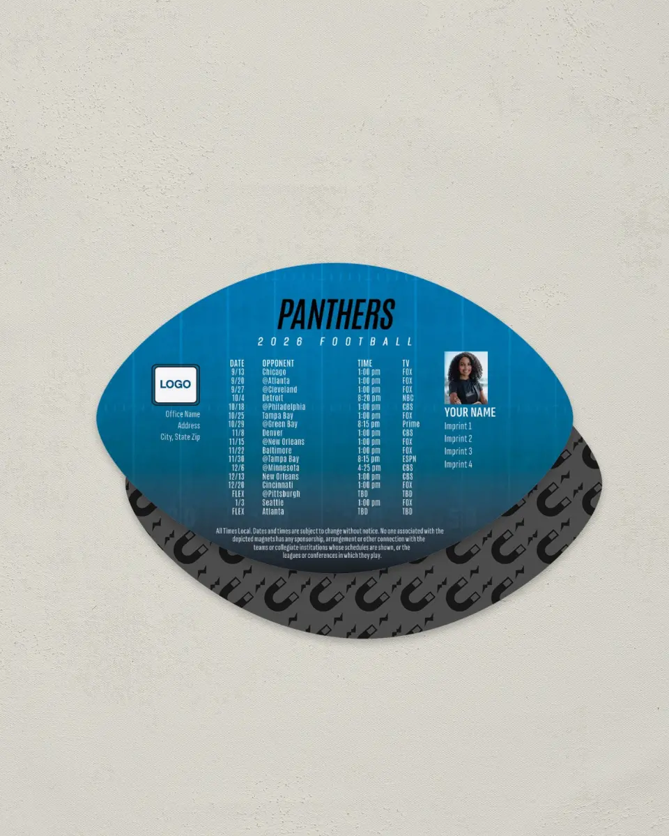 This is a 3.7" x 5.7" Football-Shaped Football Schedule Magnet called Panthers printed in full color