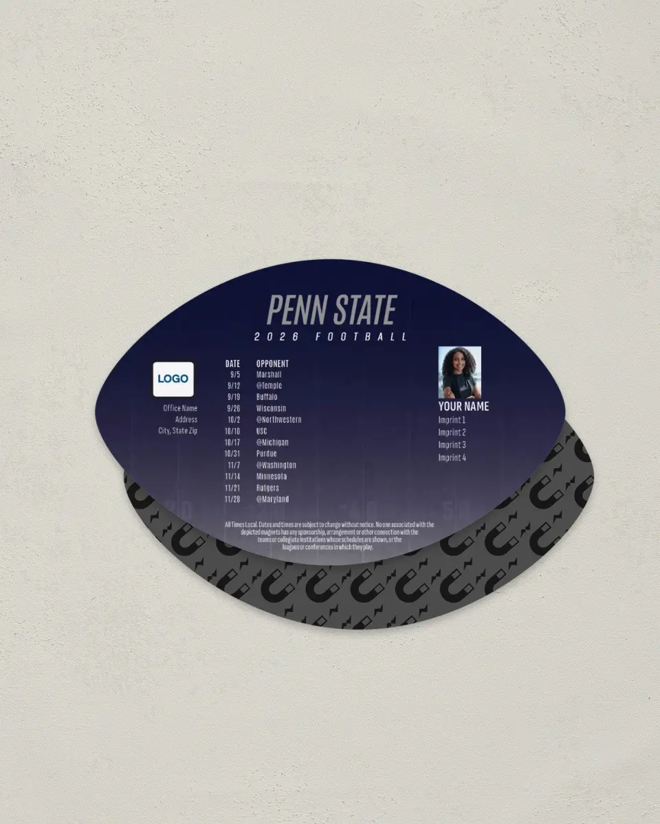 This is a 3.7" x 5.7" Football-Shaped Football Schedule Magnet called Penn State printed in full color