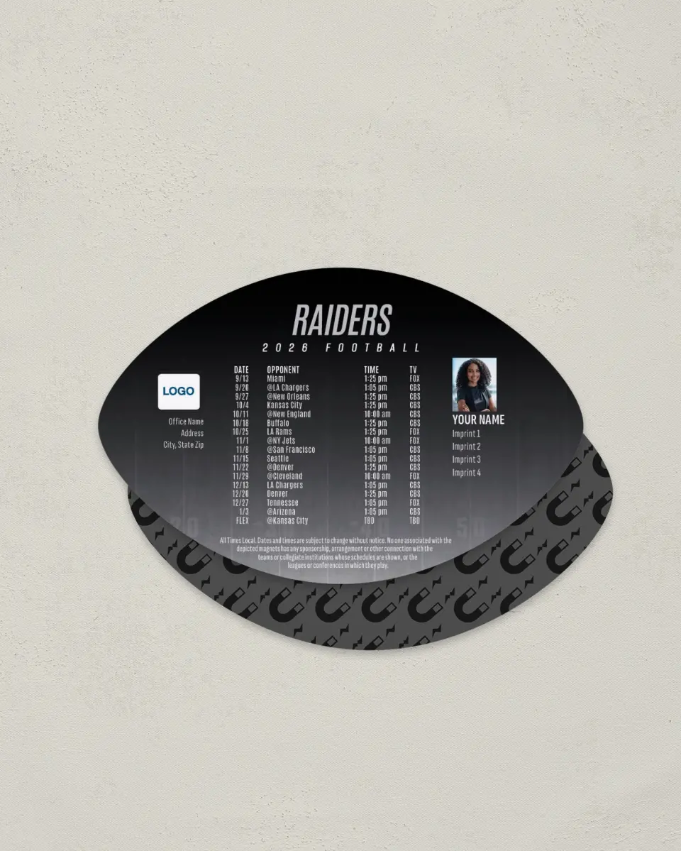This is a 3.7" x 5.7" Football-Shaped Football Schedule Magnet called Raiders printed in full color