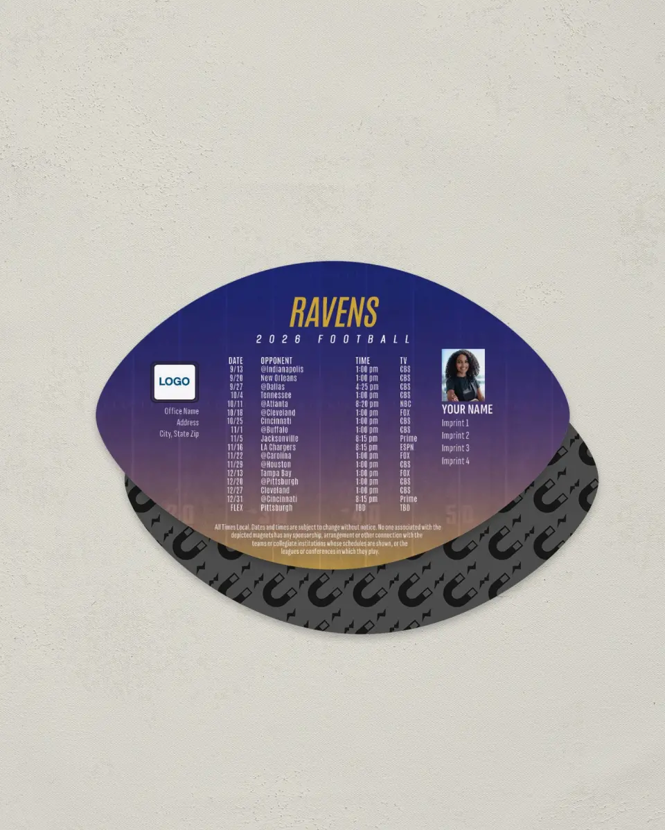 This is a 3.7" x 5.7" Football-Shaped Football Schedule Magnet called Ravens printed in full color